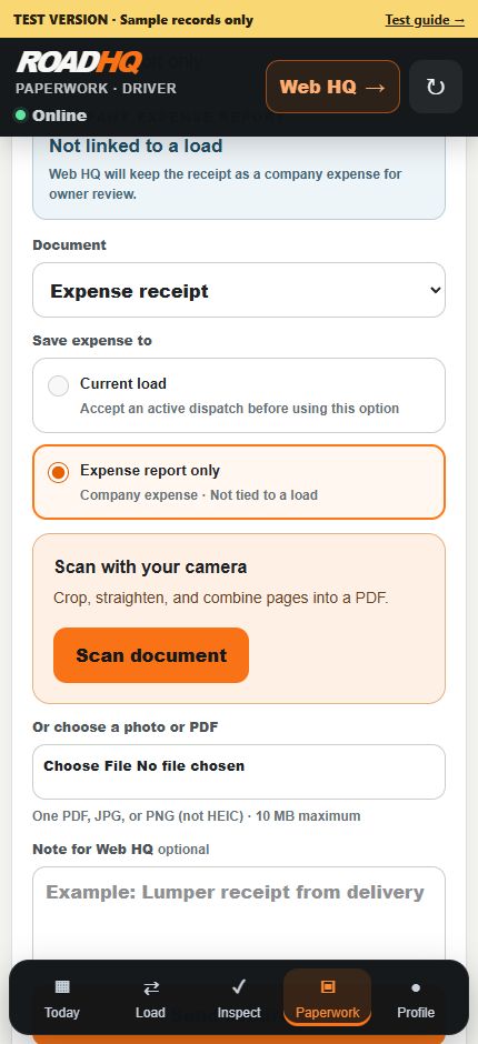 Actual RoadHQ Driver paperwork screen with receipt selection, camera scanning, file upload and an office note.