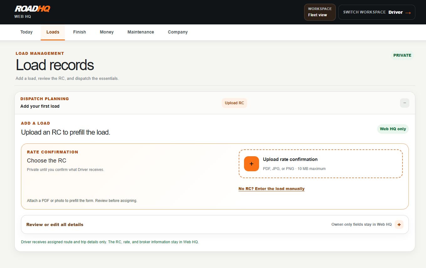 Actual RoadHQ Load records screen with the Owner menu, rate confirmation upload and editable load details.