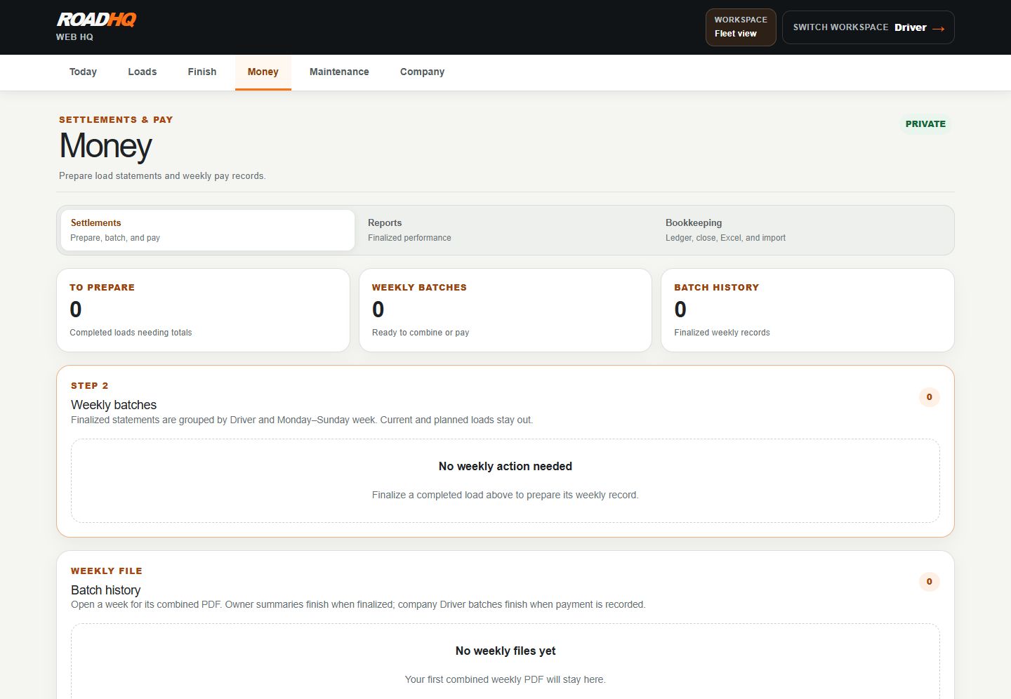 Actual RoadHQ Money workspace with Settlements, Reports, Bookkeeping and weekly record sections.